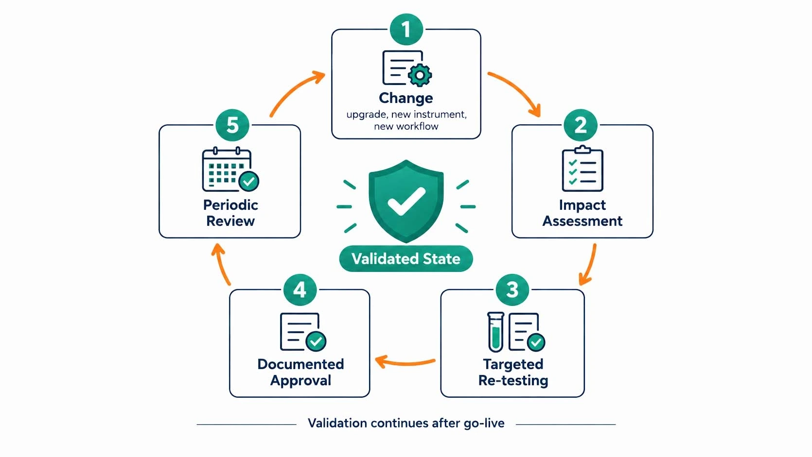 LIMS re-validation loop showing change control, impact assessment, re-testing and periodic review